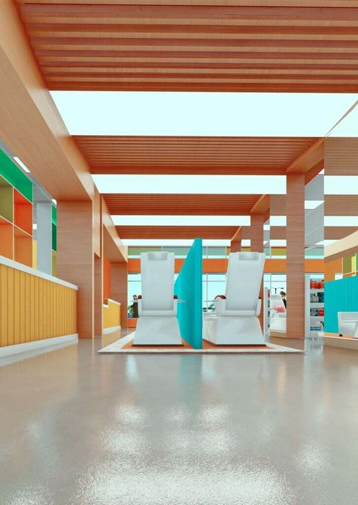 Render de anteproyecto del interior de un local comercial, con plafón de listones de madera, columnas revestidas y la góndola central iluminada.