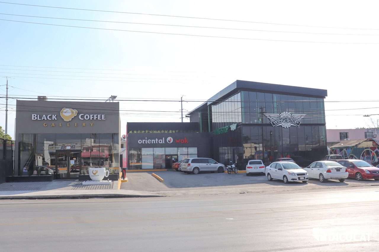 Conjunto comercial terminado visto desde la avenida, con los locales de Black Coffee, Oriental Wok y Wing Stop en línea y el estacionamiento al frente.